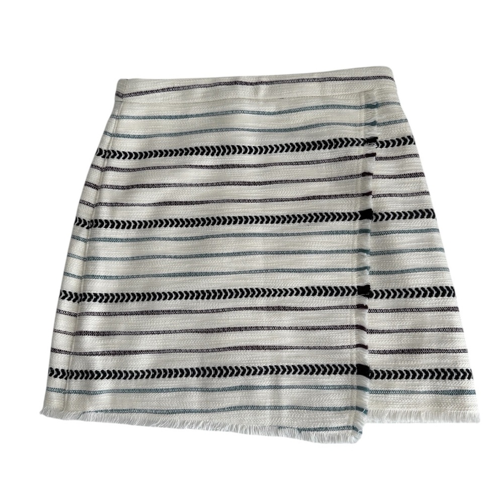 Loft Faux Wrap Fringe Hem Skirt White Blue & Burgundy Stripe Size 2